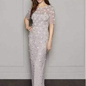 Adrianna Papell Silver Sequin Embellished Long Sleeve Gown